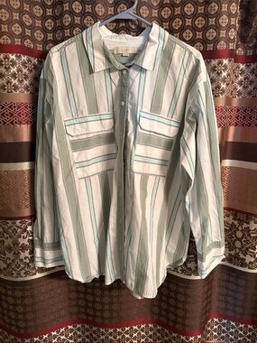 LOFT Women’s Sage Green and White Striped Button-Down Shirt